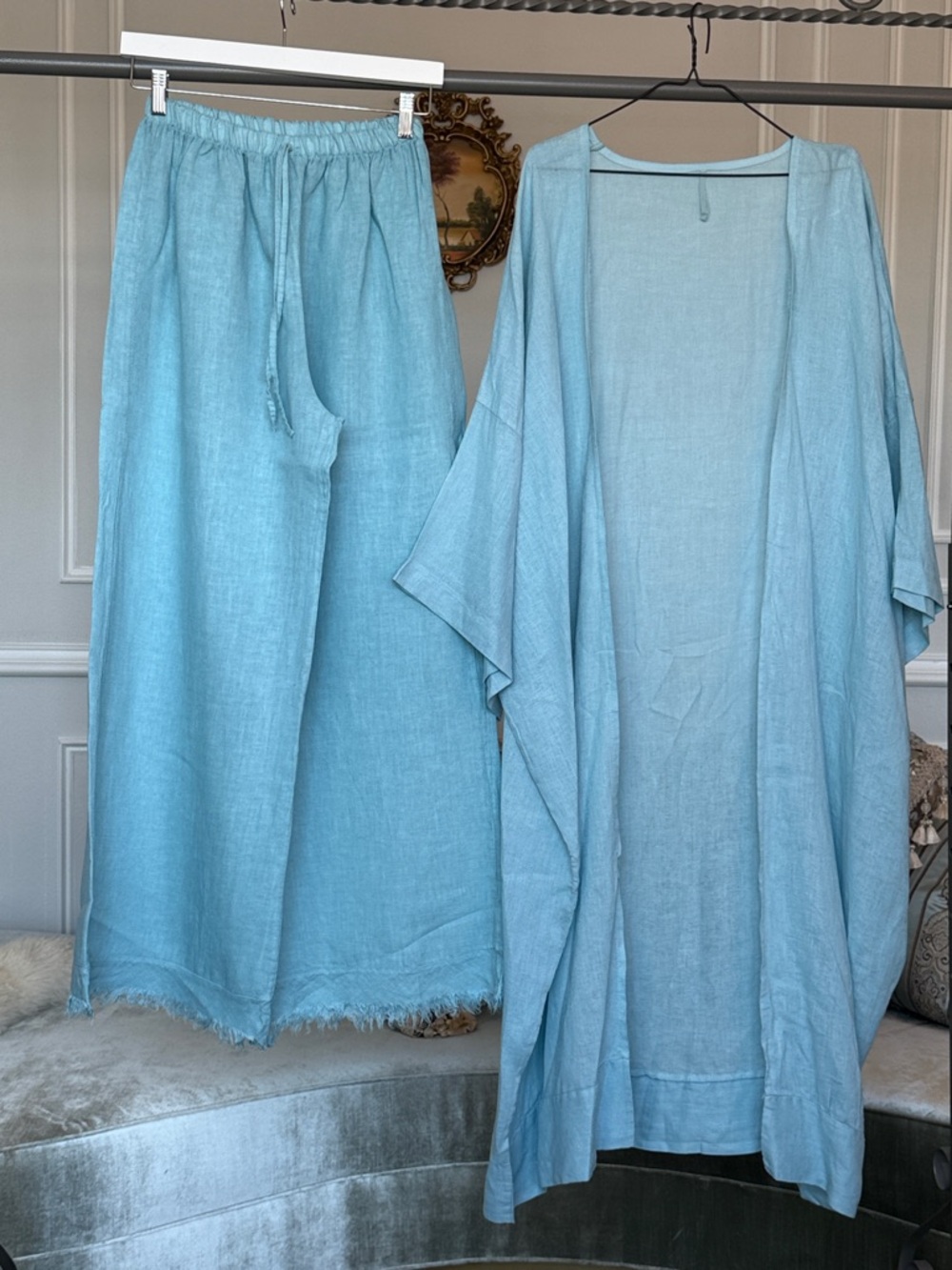 Light Blue Linen Kimono Set with Wide-Leg Pants Size (Free Size )